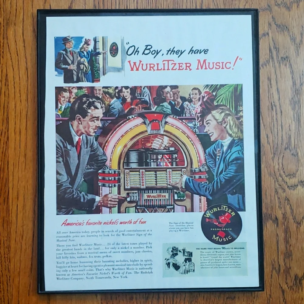 Framed Wurlitzer Record Players, Juke Boxes, USA, 1946 Poster Advertisement